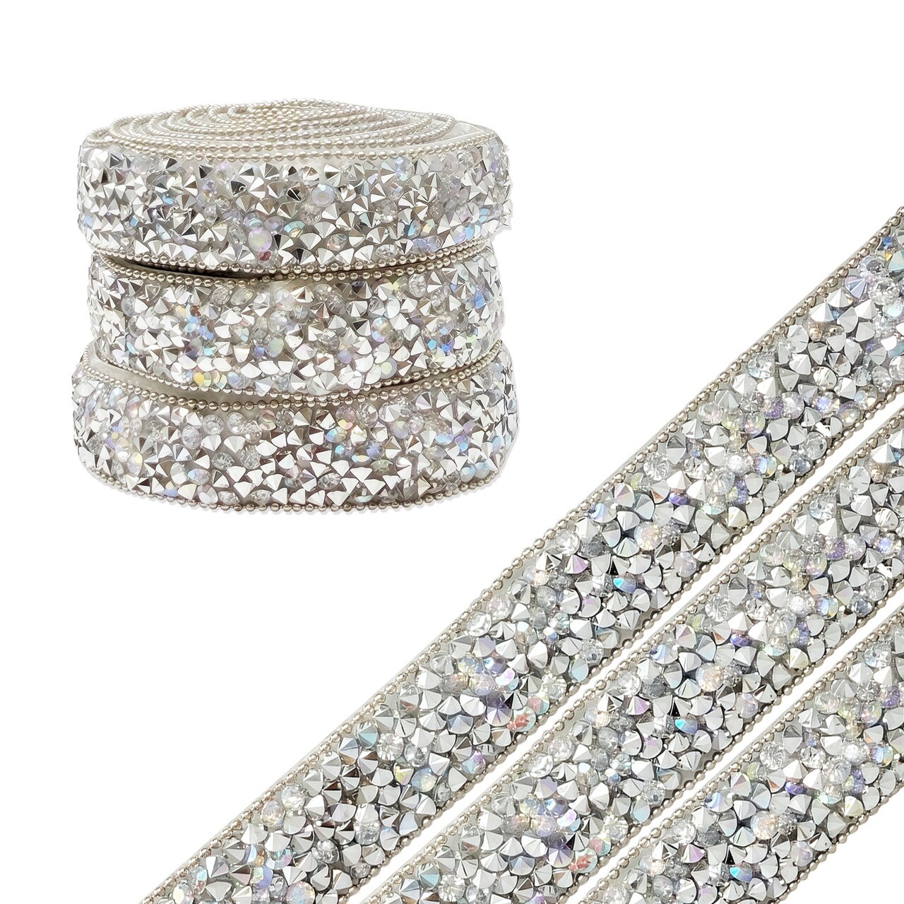 Wrapables 3 Yards Self Adhesive Resin Rhinestone Ribbons, Glittery Bling Tape Strips for DIY Crafts Wedding Party Decoration (3 Rolls), AB Silver